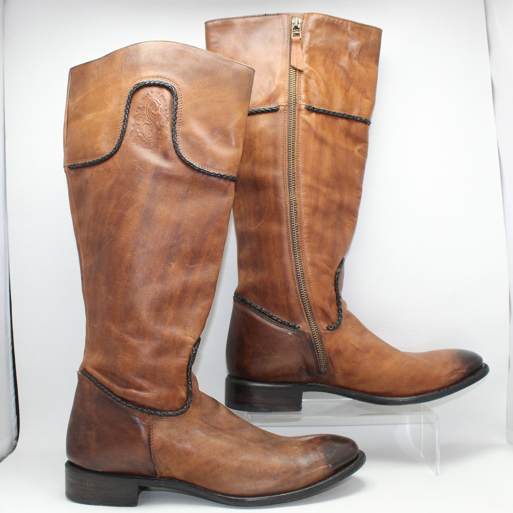 Sonora Tan Distressed Leather Tall Riding Boots Braided Trim Women 11 B SN 5228